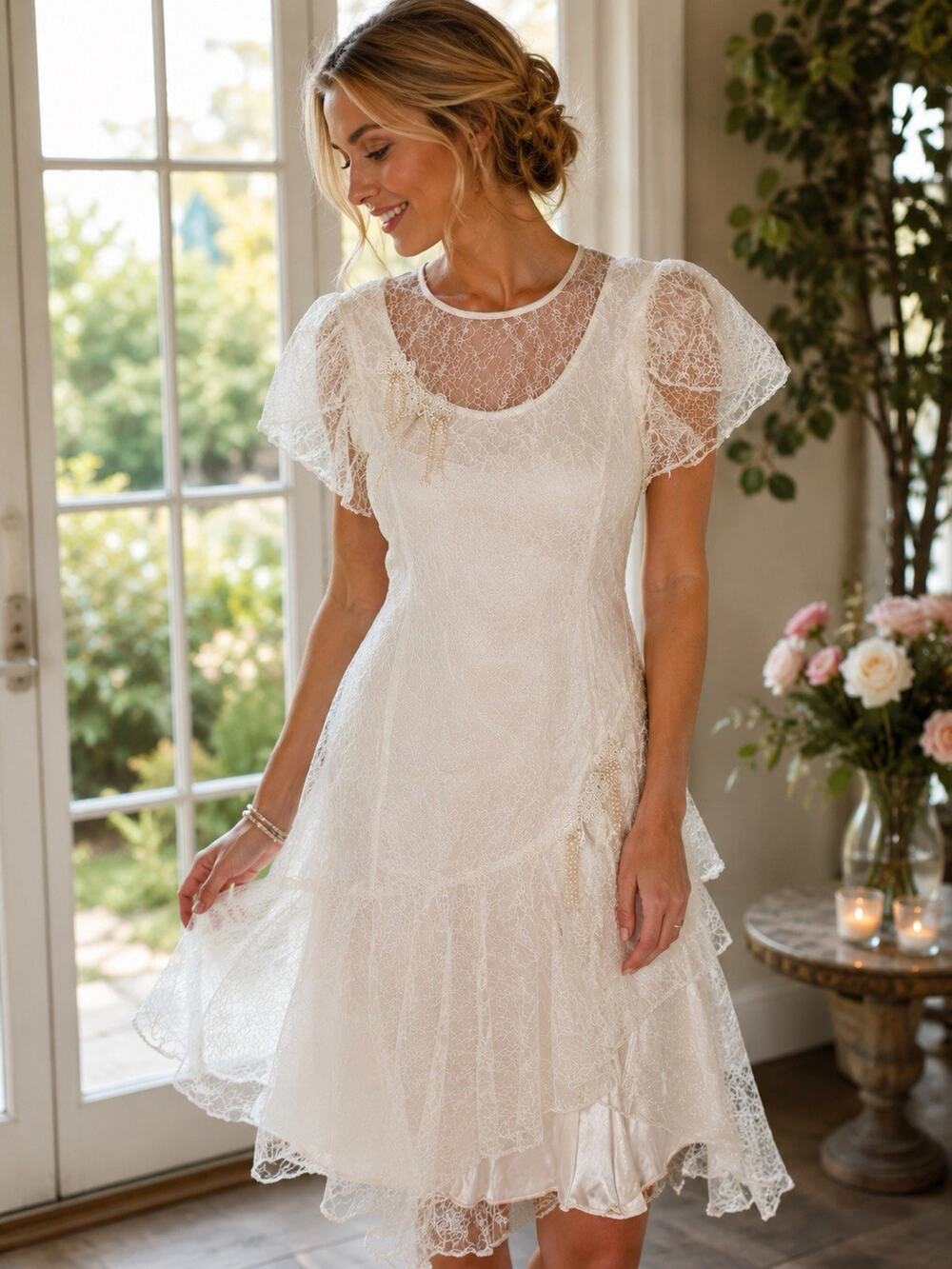 JCPenney White Lace Beaded Party Dress Size 5/6 USA Vintage